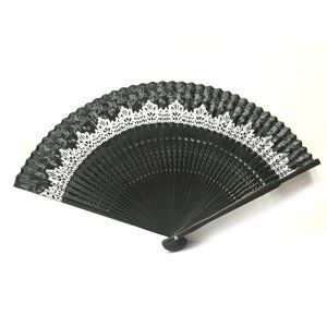 Women Ladies's Wood Handle Fabric Folding Hand Fan 8-inch long, Black Lace Fan